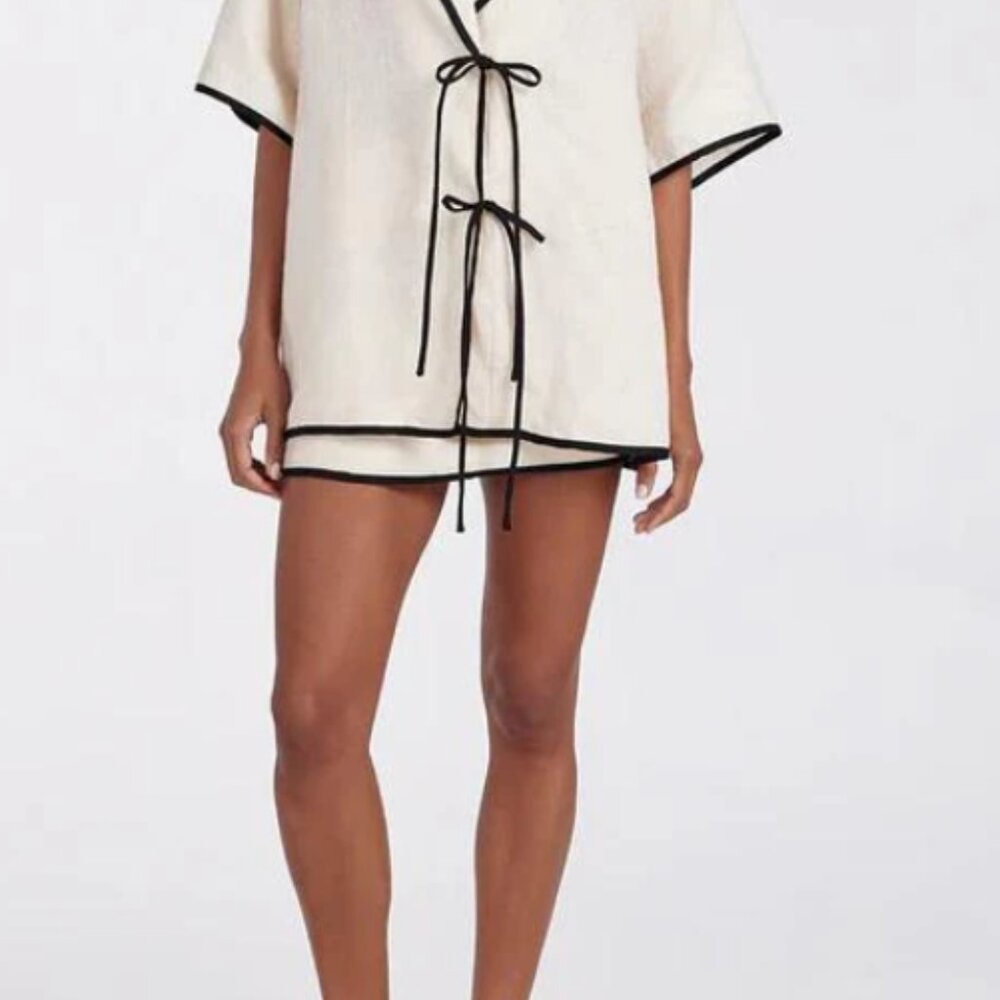 Women's Cream Linen Bow Shirt and Skirt Set